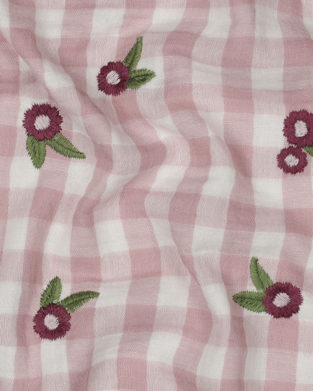 Double Gaze Motif Vichy Light Mauve Fleurs Brodées - Mercerine