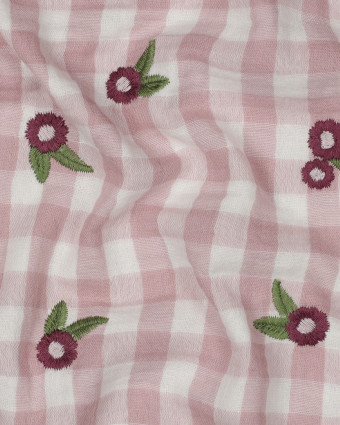Double Gaze Motif Vichy Light Mauve Fleurs Brodées - Mercerine