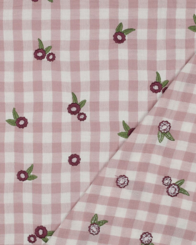 Double Gaze Motif Vichy Light Mauve Fleurs Brodées - Mercerine
