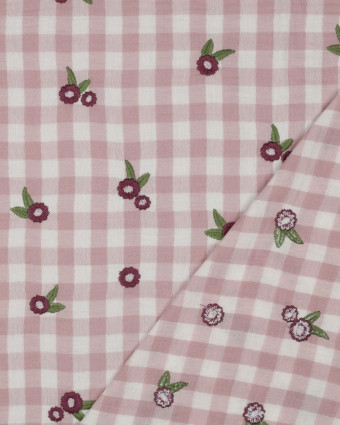 Double Gaze Motif Vichy Light Mauve Fleurs Brodées - Mercerine