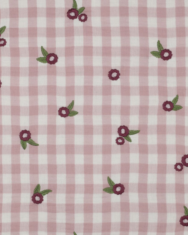 Double Gaze Motif Vichy Light Mauve Fleurs Brodées - Mercerine
