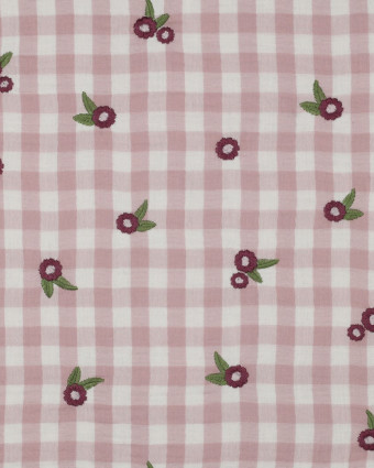 Double Gaze Motif Vichy Light Mauve Fleurs Brodées - Mercerine