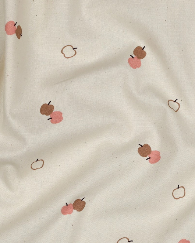 Popeline de Coton  Petites Pommes Roses Fond Naturel - Mercerine