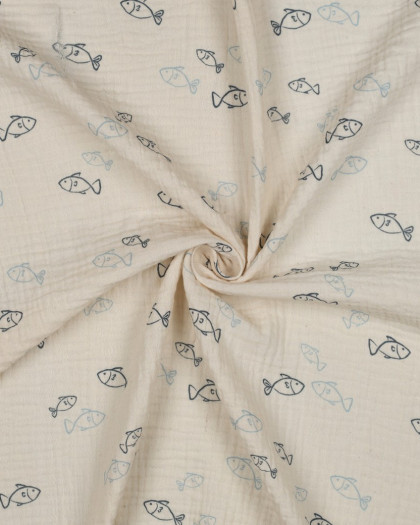 Double Gaze Gots Poisson Bleu Fond Naturel - Mercerine