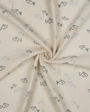 Double Gaze Gots Poisson Bleu Fond Naturel - Mercerine