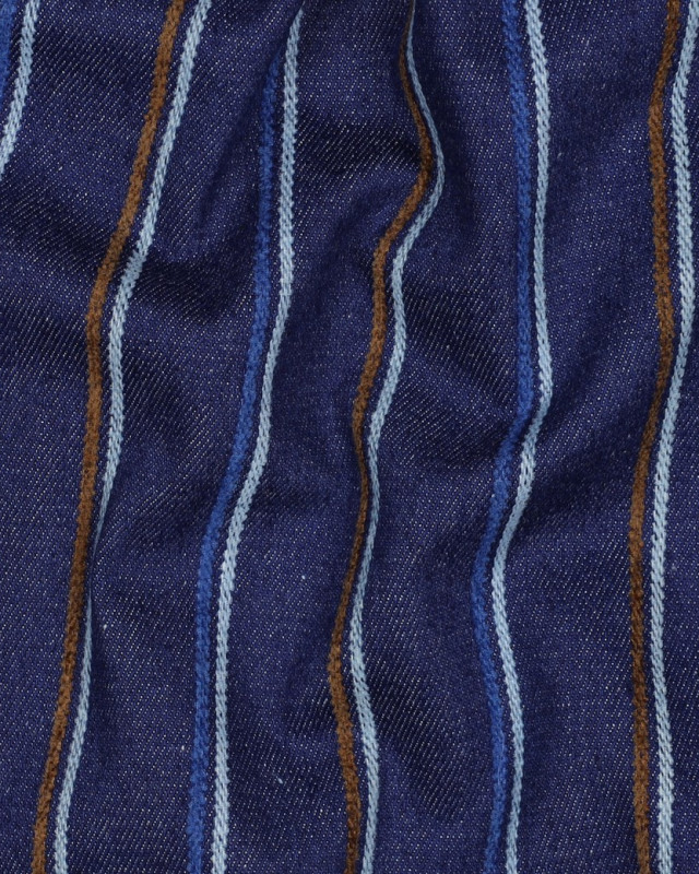 Tissu Jean Brut à Rayures Bleues et Caramel - Mercerine