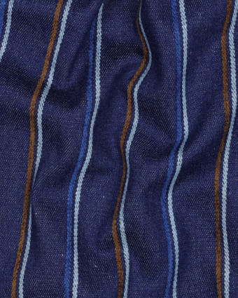 Tissu Jean Brut à Rayures Bleues et Caramel - Mercerine