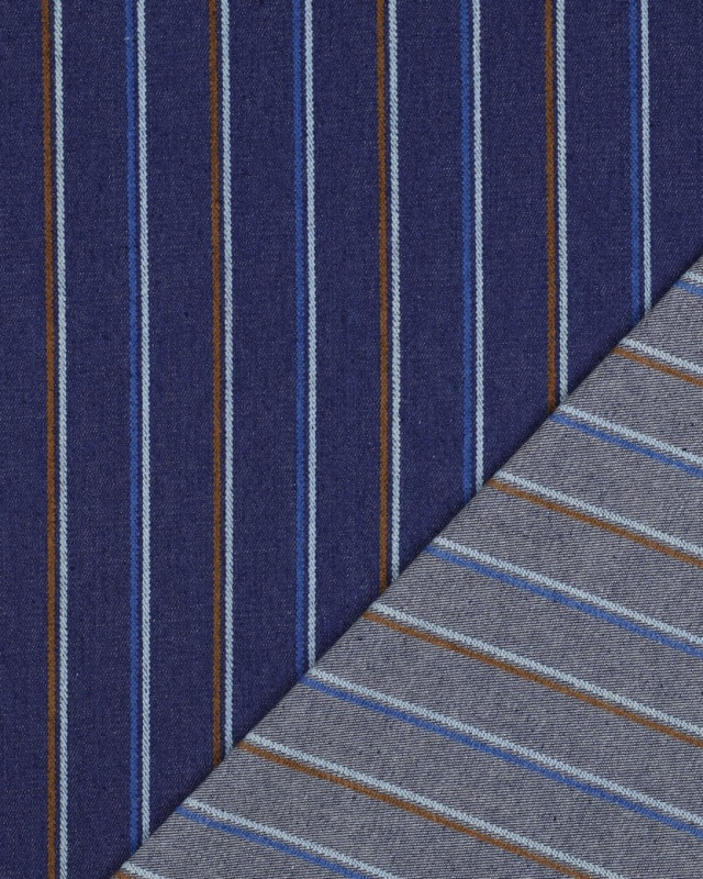Tissu Jean Brut à Rayures Bleues et Caramel - Mercerine