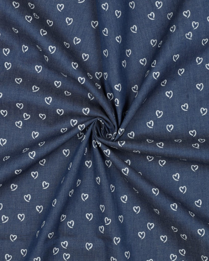 Tissu Chambray Petits Cœurs Blancs - Mercerine