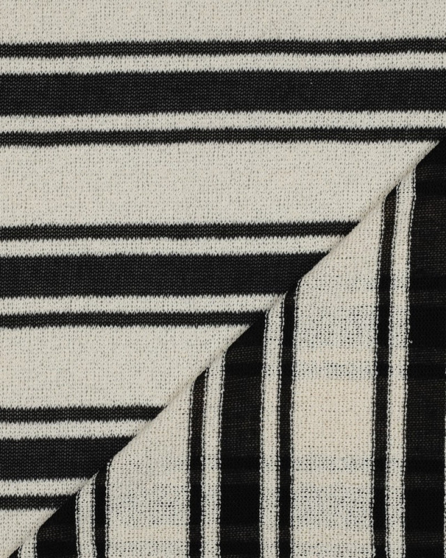 Tissu Crochet à Rayures Noir et Beige Naturel - Mercerine