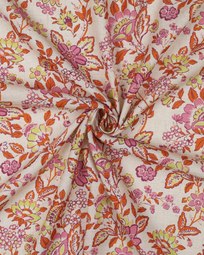 Voile Lin Viscose Motif Fleuri Rose Orange - Mercerine