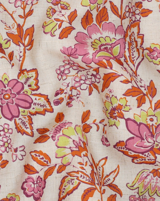 Voile Lin Viscose Motif Fleuri Rose Orange - Mercerine