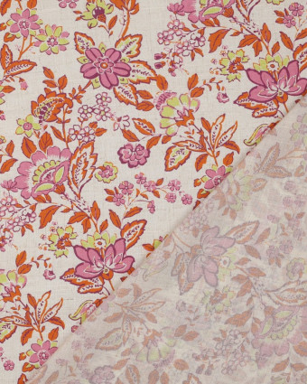 Voile Lin Viscose Motif Fleuri Rose Orange - Mercerine