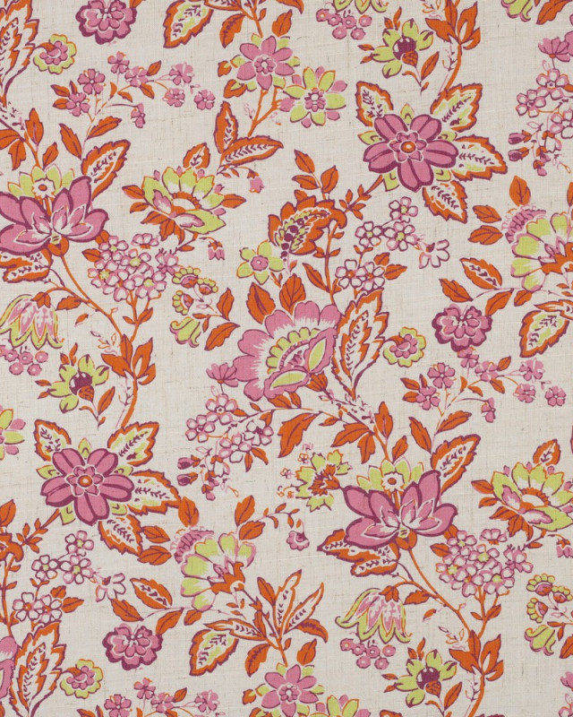 Voile Lin Viscose Motif Fleuri Rose Orange - Mercerine