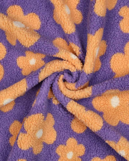 Tissu Sherpa Fleuri Violet Pêche - Mercerine