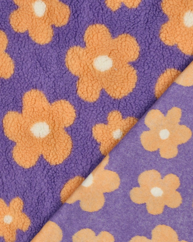 Tissu Sherpa Fleuri Violet Pêche - Mercerine