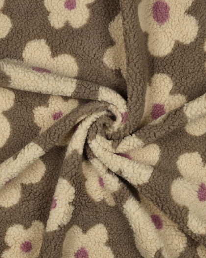 Tissu Sherpa Fleuri Taupe et Beige - Mercerine
