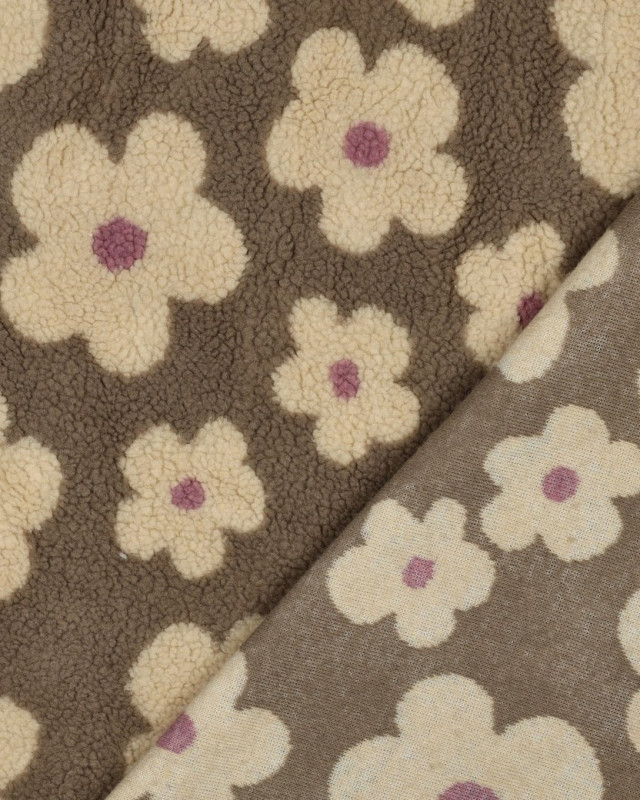 Tissu Sherpa Fleuri Taupe et Beige - Mercerine