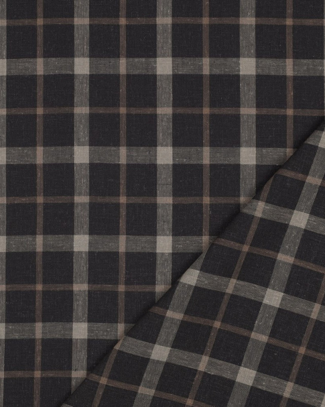 Tissu Lin Viscose Anthracite à Carreaux Taupe - Mercerine