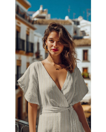 Lin Viscose Beige Nautrel à Rayures Touche Lurex Dorée - Mercerine
