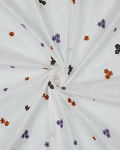 Voile de Coton Petites Fleurs Brodées Lilas et Caramel - Mercerine
