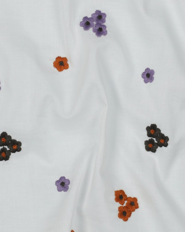 Voile de Coton Petites Fleurs Brodées Lilas et Caramel - Mercerine