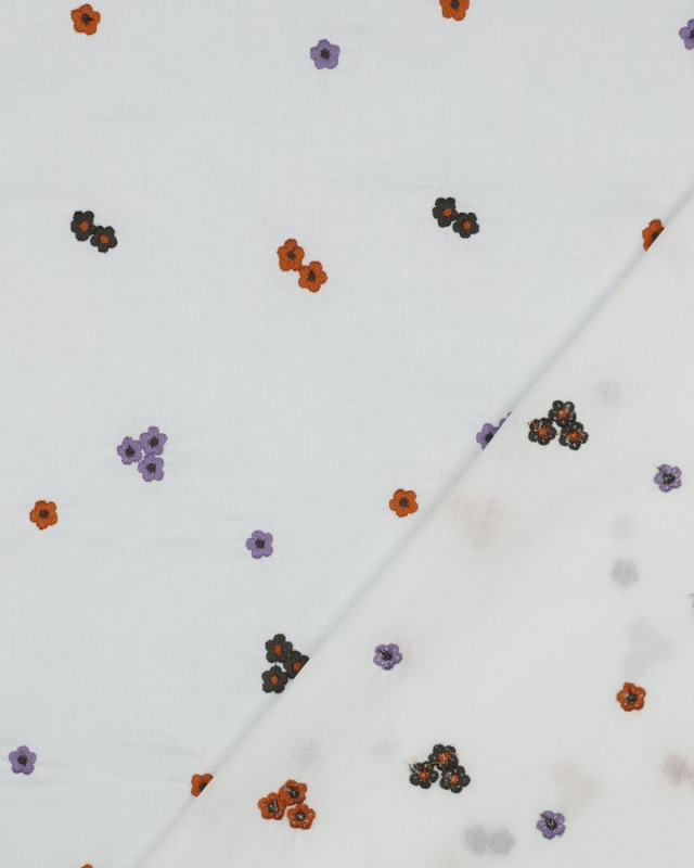 Voile de Coton Petites Fleurs Brodées Lilas et Caramel - Mercerine