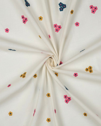 Voile de Coton Petites Fleurs Brodées Roses et Bleues - Mercerine