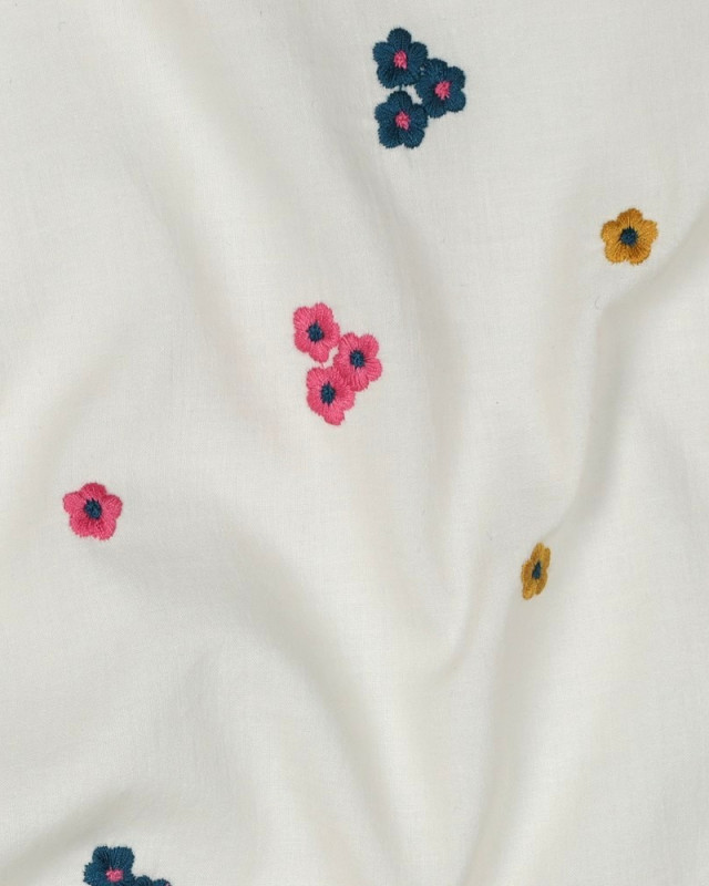 Voile de Coton Petites Fleurs Brodées Roses et Bleues - Mercerine