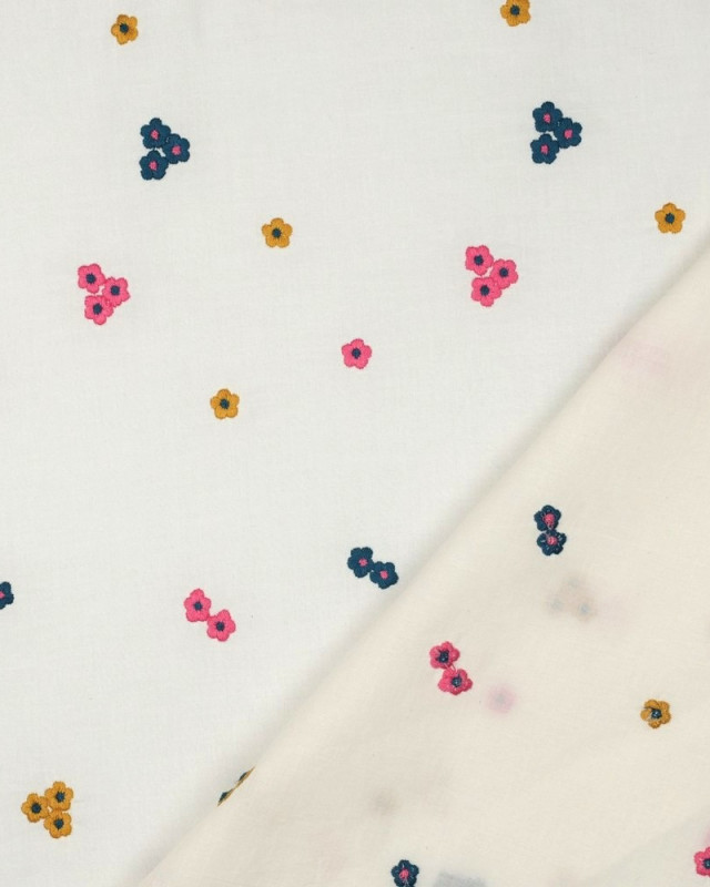 Voile de Coton Petites Fleurs Brodées Roses et Bleues - Mercerine
