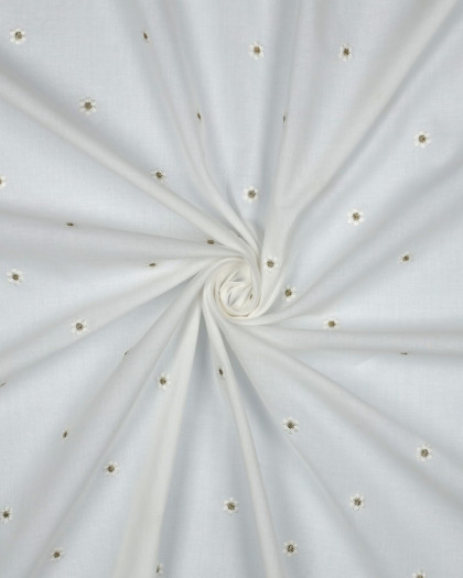 Voile de Coton Blanc Petites Fleurs Brodées Lurex Doré - Mercerine