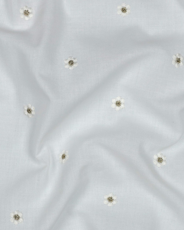 Voile de Coton Blanc Petites Fleurs Brodées Lurex Doré - Mercerine