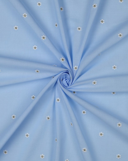 Voile de Coton Bleu Ciel Petites Fleurs Brodées Lurex Doré - Mercerine