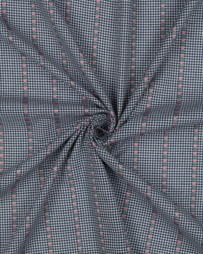 Tissu Coton Mini Vichy Bleu Marine Petites Fleurs Brodées - Mercerine