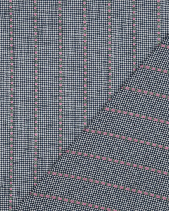 Tissu Coton Mini Vichy Bleu Marine Petites Fleurs Brodées - Mercerine
