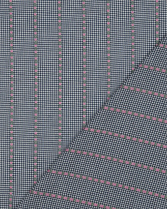 Tissu Coton Mini Vichy Bleu Marine Petites Fleurs Brodées - Mercerine