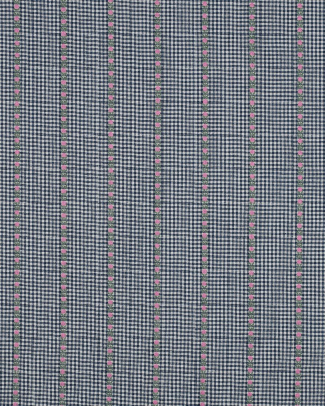 Tissu Coton Mini Vichy Bleu Marine Petites Fleurs Brodées - Mercerine