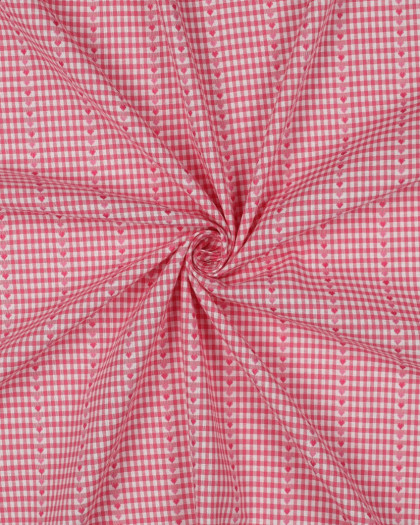 Tissu Coton Mini Vichy Fraise Petits Cœurs Brodés - Mercerine