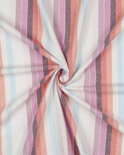 Tissu Coton Aspect Lavé à Rayures Mauve et Corail - Mercerine