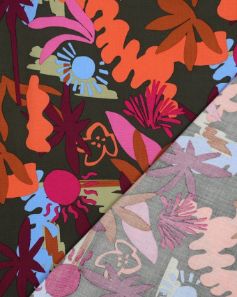 Tissu Viscose Ecovero Motif Floral Coloré Kaki - Mercerine