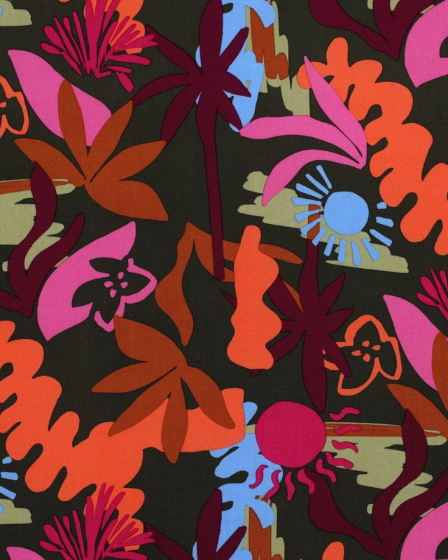 Tissu Viscose Ecovero Motif Floral Coloré Kaki - Mercerine