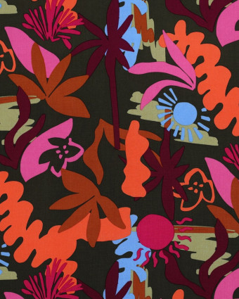 Tissu Viscose Ecovero Motif Floral Coloré Kaki - Mercerine
