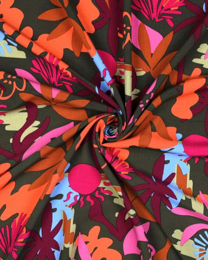 Tissu Viscose Ecovero Motif Floral Coloré Kaki - Mercerine