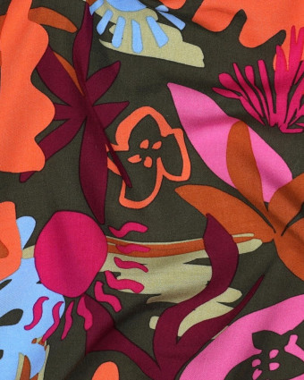 Tissu Viscose Ecovero Motif Floral Coloré Kaki - Mercerine