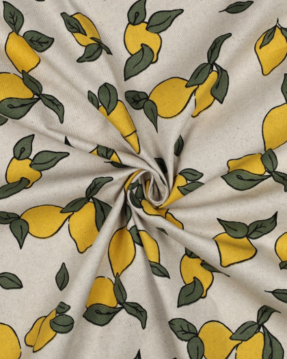 Tissu Effet Lin Enduit Motif Citron - Mercerine