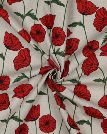 Tissu Effet Lin Enduit Motif Coquelicot - Mercerine