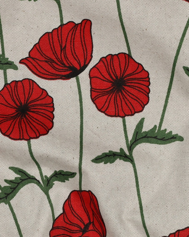 Tissu Effet Lin Enduit Motif Coquelicot - Mercerine