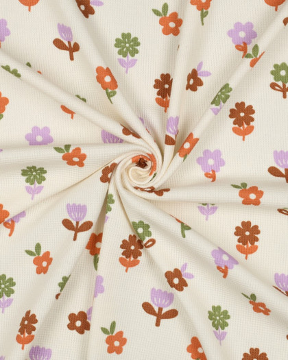 Jersey Mini Nid d'Abeille Ecru Fleuri Lilas et Caramel - Mercerine