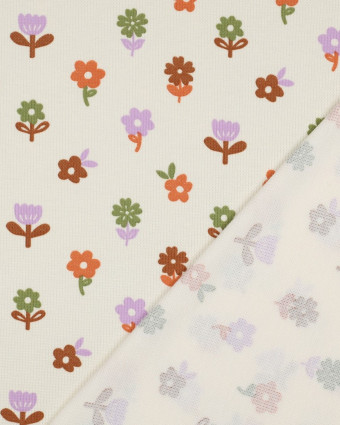 Jersey Mini Nid d'Abeille Ecru Fleuri Lilas et Caramel - Mercerine