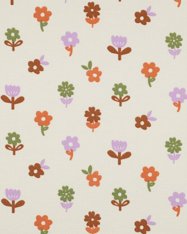 Jersey Mini Nid d'Abeille Ecru Fleuri Lilas et Caramel - Mercerine
